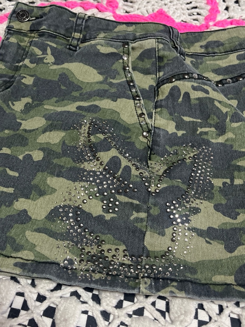 Y2k Women's Camouflage Playboy  Skirt with Studs And Rhinestone Details - Picture 4 of 8